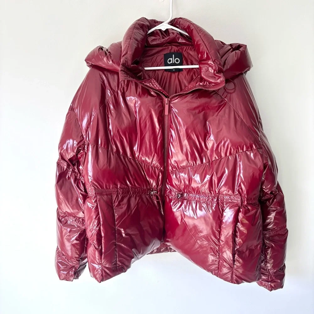 Alo Yoga Stunner Puffer Jacket Cranberry Red Winter Insulated Glossy Oversized